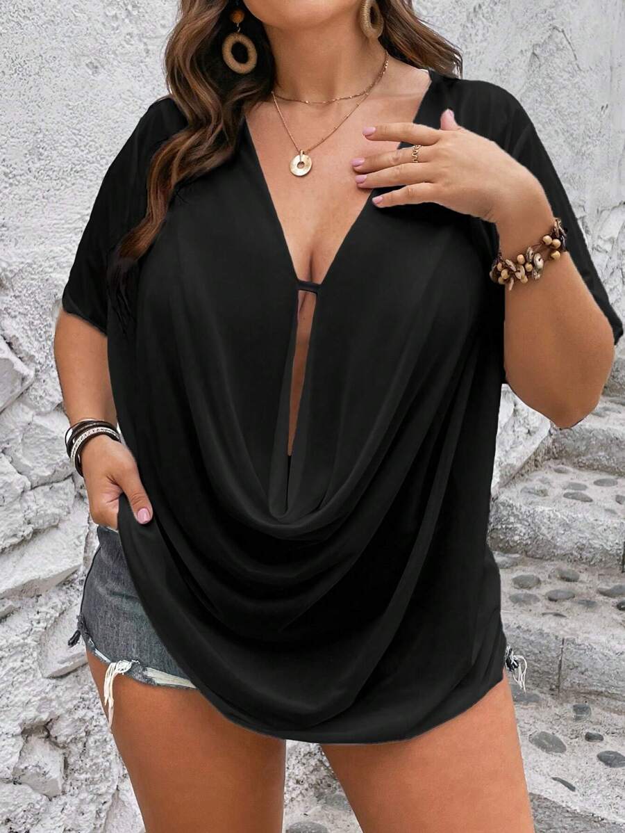 EMERY ROSE Camiseta con fruncido delantero de manga murciélago - Negro - Ver 1