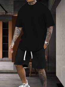 Manfinity Homme Men Solid Tee & Drawstring Waist Shorts - Black - View 3