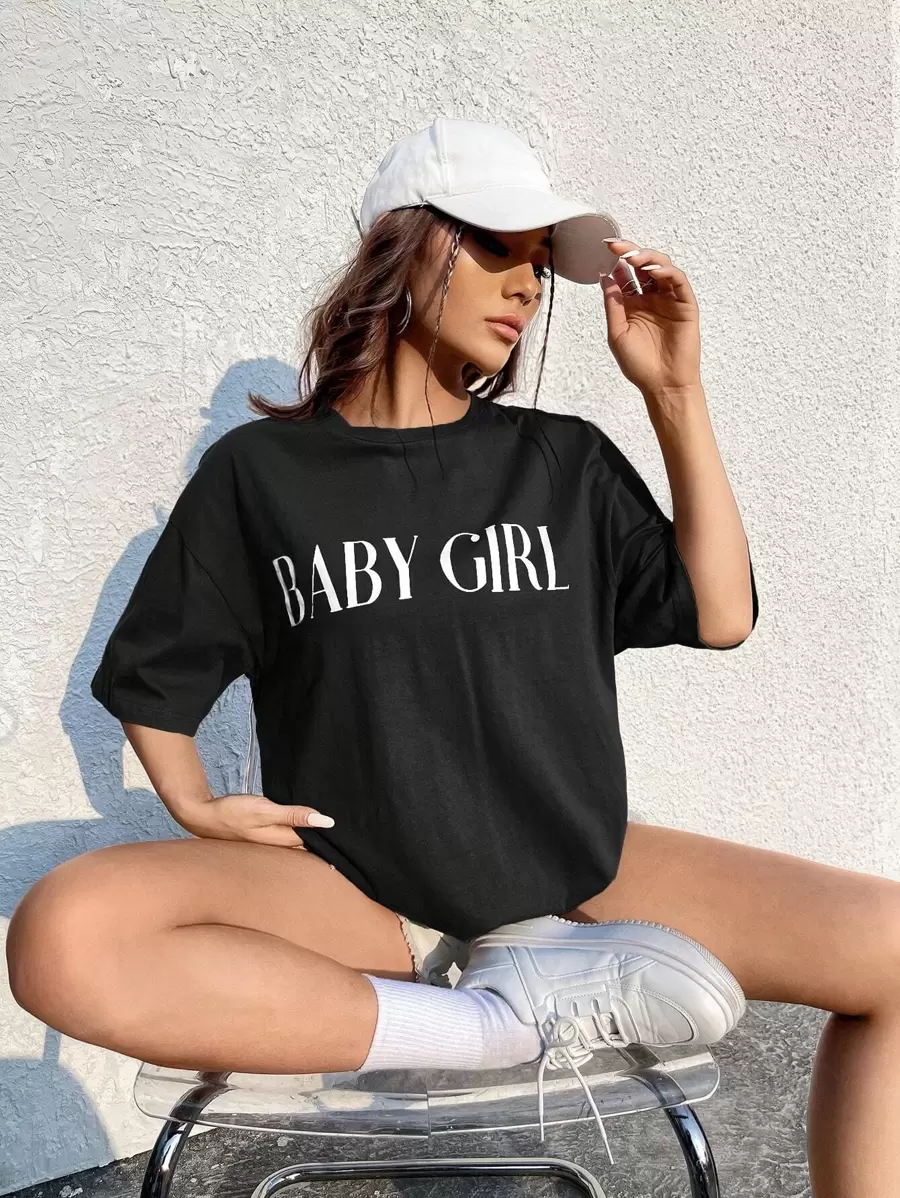 SHEIN EZwear 字母圖案落肩T恤 - 黑色 - 查看 1