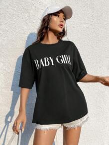 SHEIN EZwear 字母圖案落肩T恤 - 黑色 - 查看 3