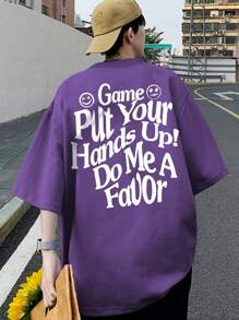 Manfinity Roghcode Loose Fit Men's Slogan Graphic Drop Shoulder T-Shirt - Violet Purple - View 1