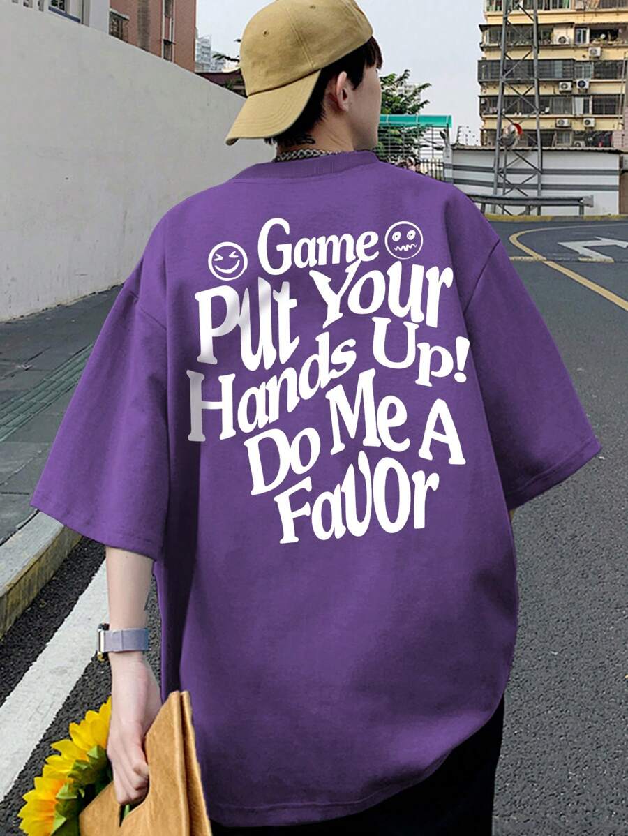 Manfinity Roghcode Loose Fit Men's Slogan Graphic Drop Shoulder T-Shirt - Violet Purple - View 1