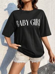 SHEIN EZwear 字母圖案落肩T恤 - 黑色 - 查看 5