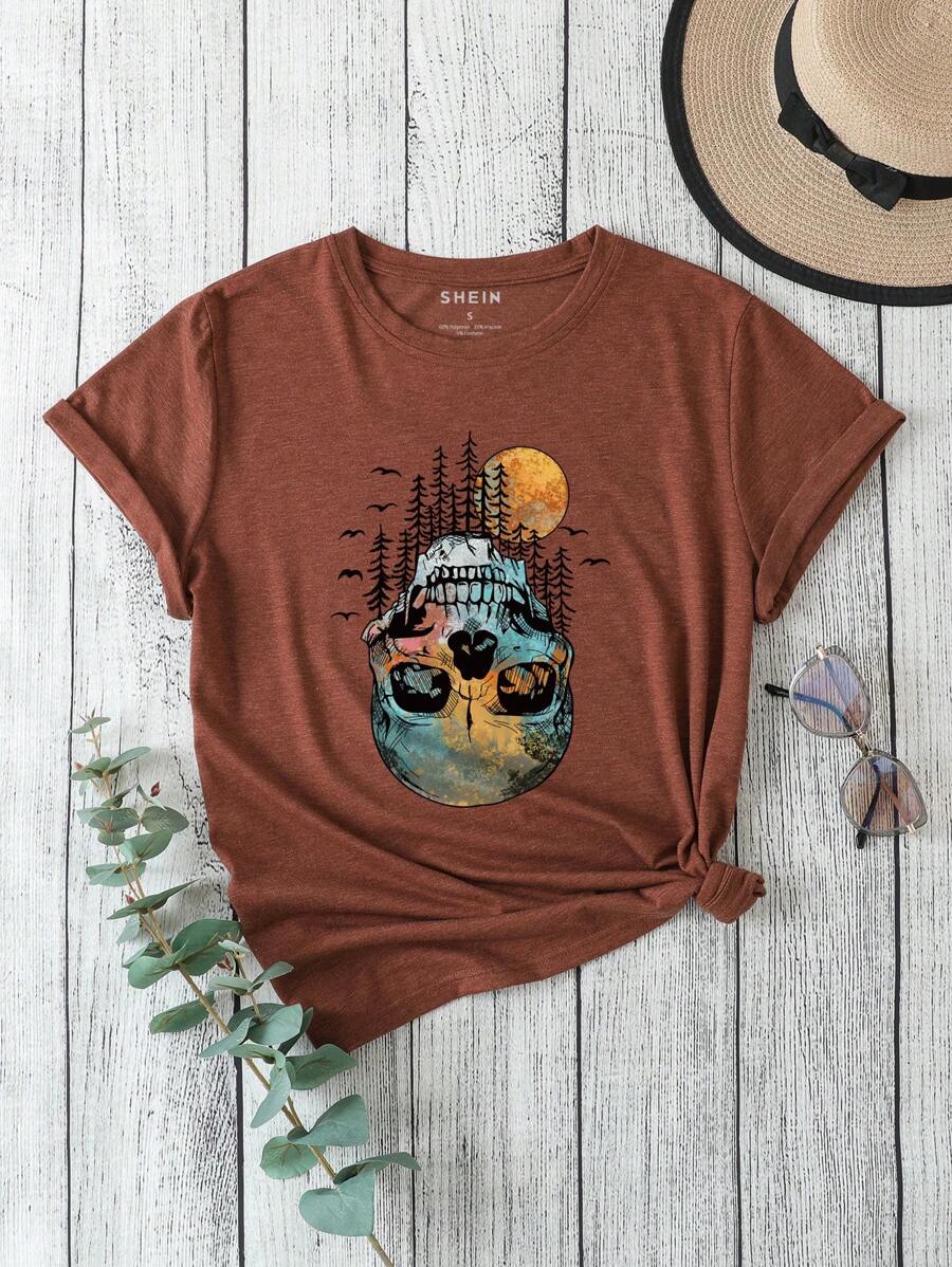 SHEIN LUNE Áo thun nữ Lễ Các Thánh Giải trí - Cà phê nâu - Xem 1