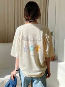DAZY Bear & Letter Graphic Drop Shoulder Tee - Beige - View 1