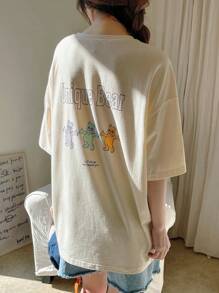 DAZY Bear & Letter Graphic Drop Shoulder Tee - Beige - View 3