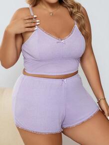 Conjunto de pijama tejido de canalé ribete con encaje con lazo delantero - Lila Púrpura - Ver 1