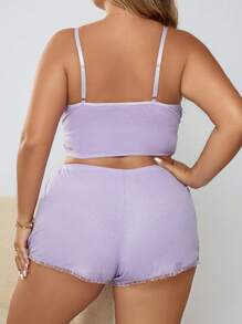 Conjunto de pijama tejido de canalé ribete con encaje con lazo delantero - Lila Púrpura - Ver 2