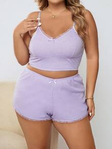 Conjunto de pijama tejido de canalé ribete con encaje con lazo delantero - Lila Púrpura - Ver 4