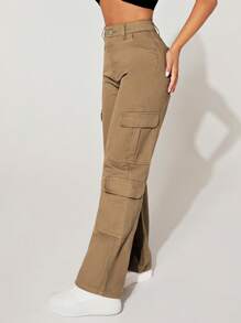 SHEIN PETITE 翻蓋口袋工裝牛仔褲 - 棕色 - 查看 5