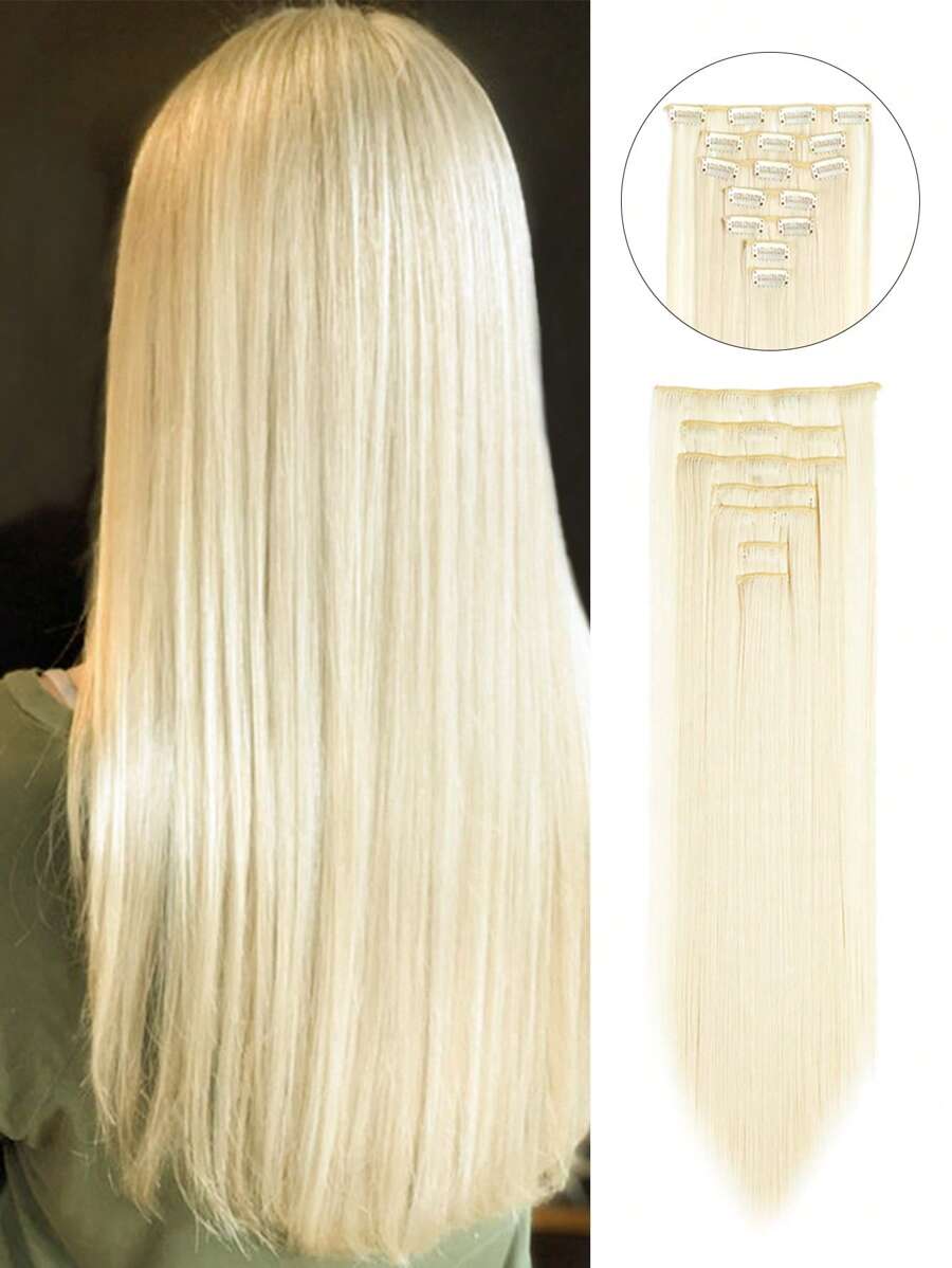 Synthetic Hair Extensions, Hair Extensions Clip In 22" Straight Hair Pieces,7 Pcs/Set 16 Clips Long Straight Hairpieces Clip On Hair Extension - Beige - View 1