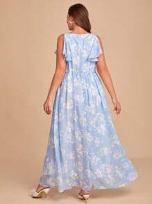 SHEIN Belle Vestido de dama de honor con estampado floral ribete con fruncido - Azul y blanco - Ver 2