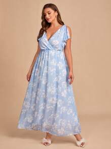 SHEIN Belle Vestido de dama de honor con estampado floral ribete con fruncido - Azul y blanco - Ver 3
