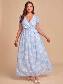 SHEIN Belle Vestido de dama de honor con estampado floral ribete con fruncido - Azul y blanco - Ver 4