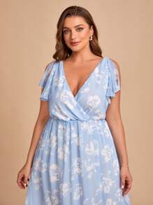 SHEIN Belle Vestido de dama de honor con estampado floral ribete con fruncido - Azul y blanco - Ver 5