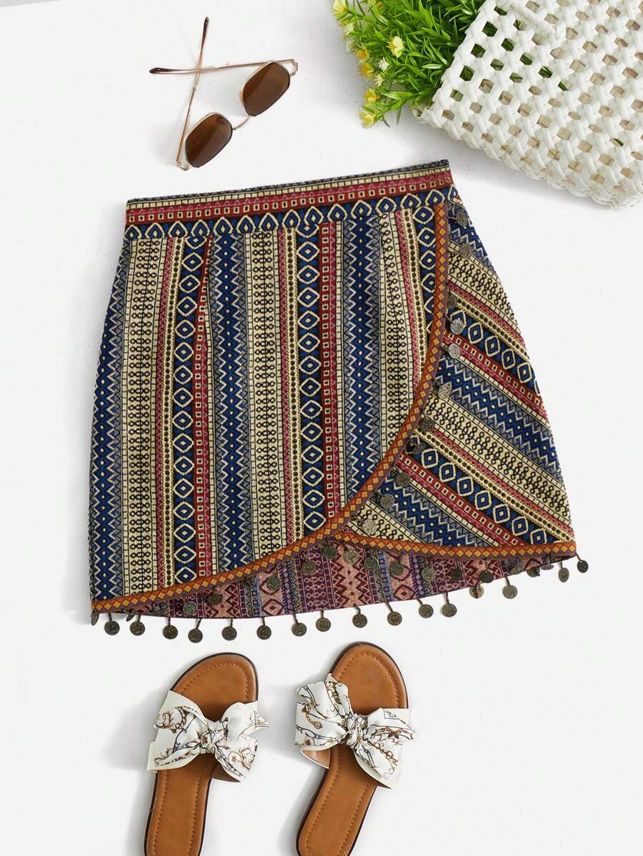SHEIN VCAY Geo Print Tassel Trim Wrap Hem Skirt - Multicolor - View 1