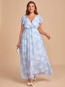 SHEIN Belle Vestido de dama de honor con estampado floral ribete con fruncido - Azul y blanco - Ver 7