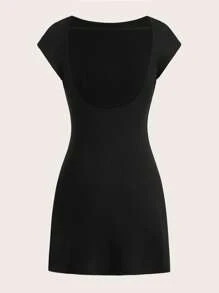 SHEIN EZwear Solid Backless Batwing Sleeve Dress - Black - View 2