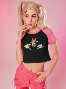 The Powerpuff Girls | ROMWE Áo thun nữ Hoạt hình Khối Màu Giải trí - Nhiều màu - Xem 3