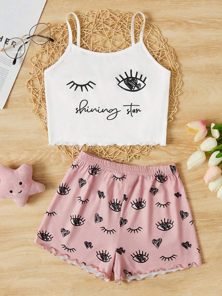 SHEIN 女孩睫毛和字母圖案木耳邊睡衣套裝 - 彩色 - 查看 1