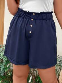 SHEIN LUNE 大碼紙袋腰前紐扣短褲 - 藏蓝色 - 查看 3
