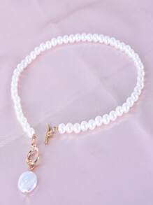 Faux Pearl Beaded OT Buckle Necklace - White - View 2