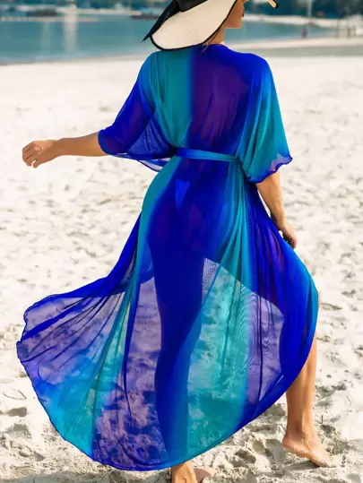 Swim Vcay Ombre Print Belted Kimono,Summer Beach