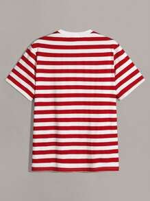 Manfinity VCAY Áo thun nam cổ chữ thêu sọc màu đơn giản, tay ngắn, quà tặng bạn trai - Đỏ - Xem 2