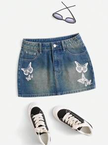 SHEIN EZwear 蝴蝶圖案牛仔半身裙不附腰帶 - 中等水洗藍 - 查看 1
