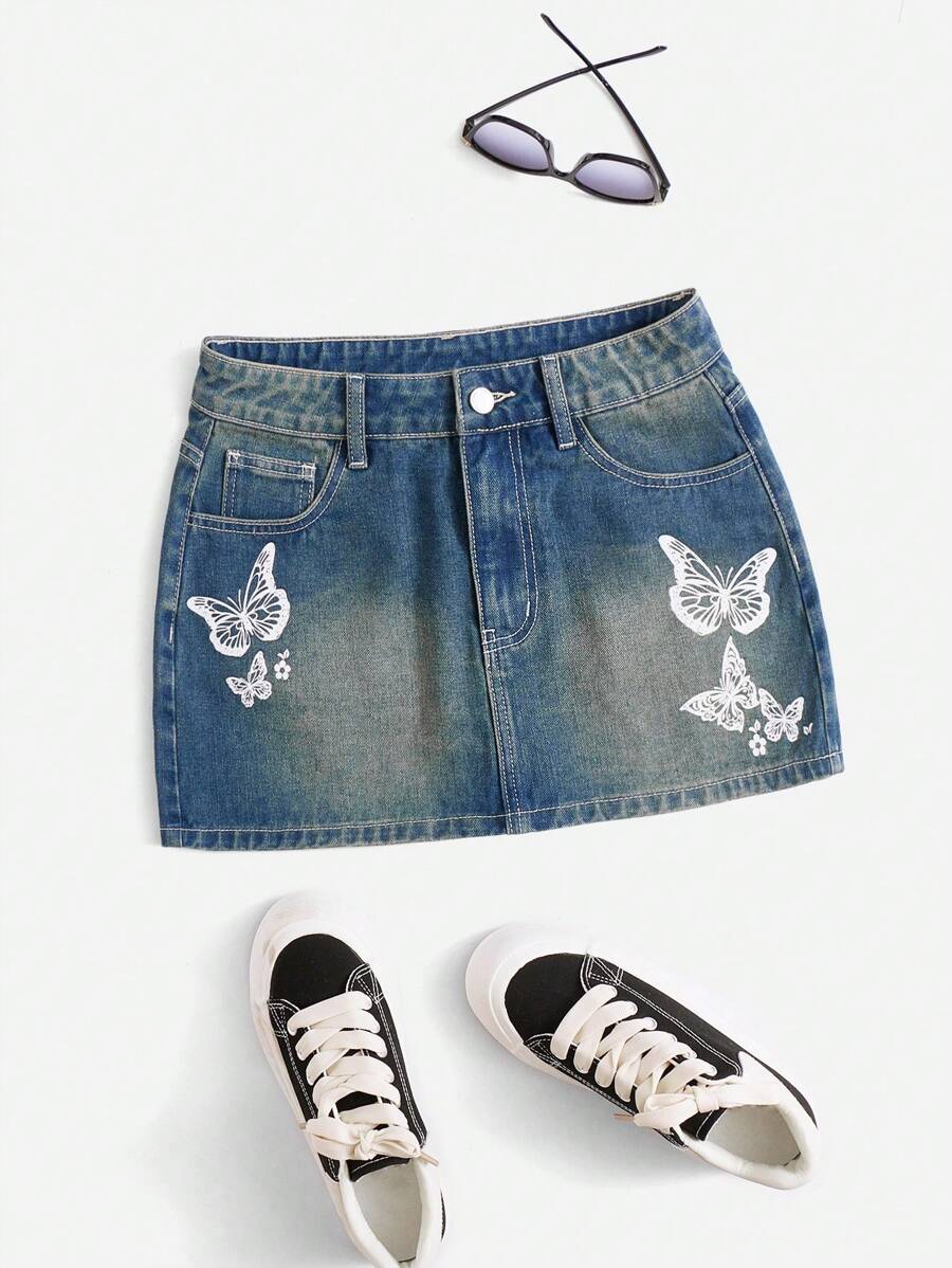 SHEIN EZwear 蝴蝶圖案牛仔半身裙不附腰帶 - 中等水洗藍 - 查看 1