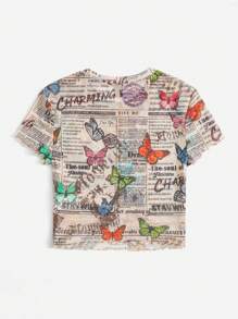 SHEIN EZwear Parte superior corta con estampado de periódico Nunca subestimes tu poder El alma de... - Multicolor - Ver 2