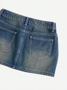 SHEIN EZwear 蝴蝶圖案牛仔半身裙不附腰帶 - 中等水洗藍 - 查看 3