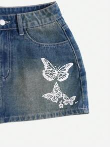 SHEIN EZwear 蝴蝶圖案牛仔半身裙不附腰帶 - 中等水洗藍 - 查看 4