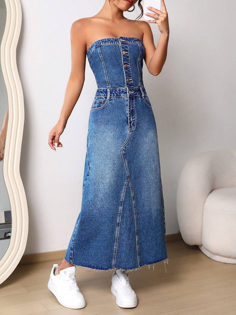 SHEIN EZwear 前紐扣抹胸牛仔洋裝 - 中等水洗藍 - 查看 1