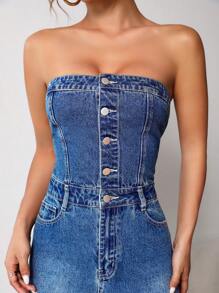 SHEIN EZwear 前紐扣抹胸牛仔洋裝 - 中等水洗藍 - 查看 3