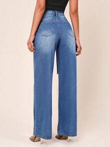 SHEINBlues Coolmax High Waist Ripped Wide Leg Jeans - Dark Wash - View 2
