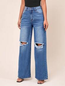 SHEINBlues Coolmax High Waist Ripped Wide Leg Jeans - Dark Wash - View 3