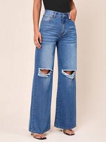 SHEINBlues Coolmax High Waist Ripped Wide Leg Jeans - Dark Wash - View 4