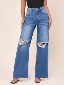 SHEINBlues Coolmax High Waist Ripped Wide Leg Jeans - Dark Wash - View 5