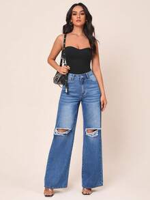 SHEINBlues Coolmax High Waist Ripped Wide Leg Jeans - Dark Wash - View 7