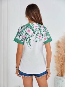 SHEIN LUNE Blusa con estampado floral ribete en contraste de cuello de muesca - Blanco - Ver 2