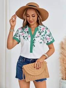 SHEIN LUNE Blusa con estampado floral ribete en contraste de cuello de muesca - Blanco - Ver 4