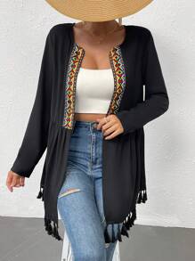 SHEIN VCAY Geo Tape Tassel Detail Open Front Coat - Black - View 2