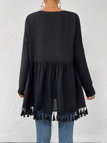 SHEIN VCAY Geo Tape Tassel Detail Open Front Coat - Black - View 3