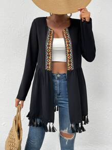 SHEIN VCAY Geo Tape Tassel Detail Open Front Coat - Black - View 1