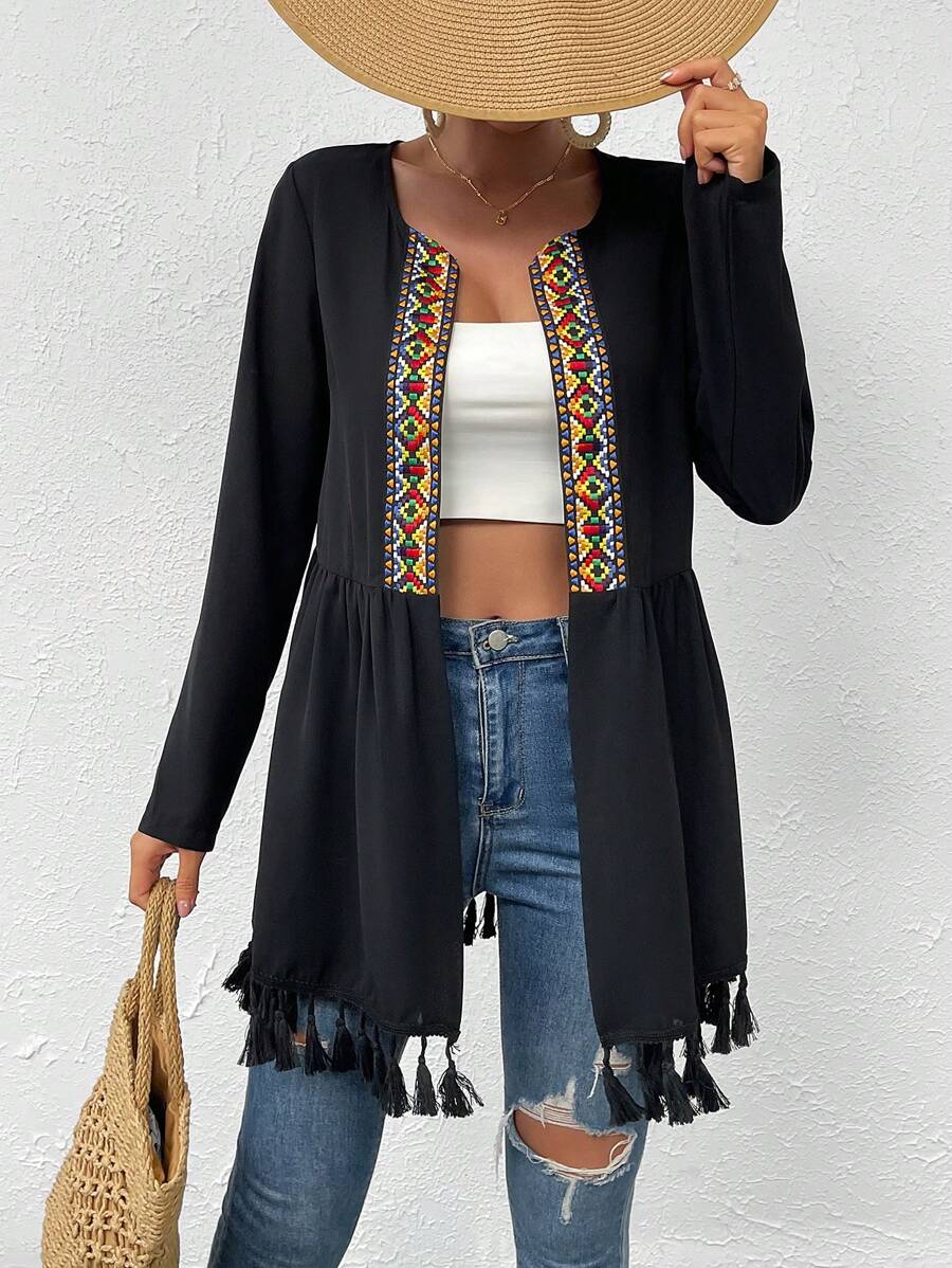 SHEIN VCAY Geo Tape Tassel Detail Open Front Coat - Black - View 1