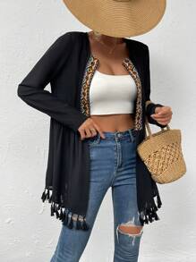 SHEIN VCAY Geo Tape Tassel Detail Open Front Coat - Black - View 5