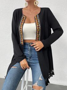 SHEIN VCAY Geo Tape Tassel Detail Open Front Coat - Black - View 6