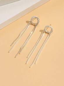 1pair Fashionable Circle & Chain Tassel Drop Earrings For Women For Daily Decoration - Silver - View 1