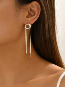 1pair Fashionable Circle & Chain Tassel Drop Earrings For Women For Daily Decoration - Silver - View 2